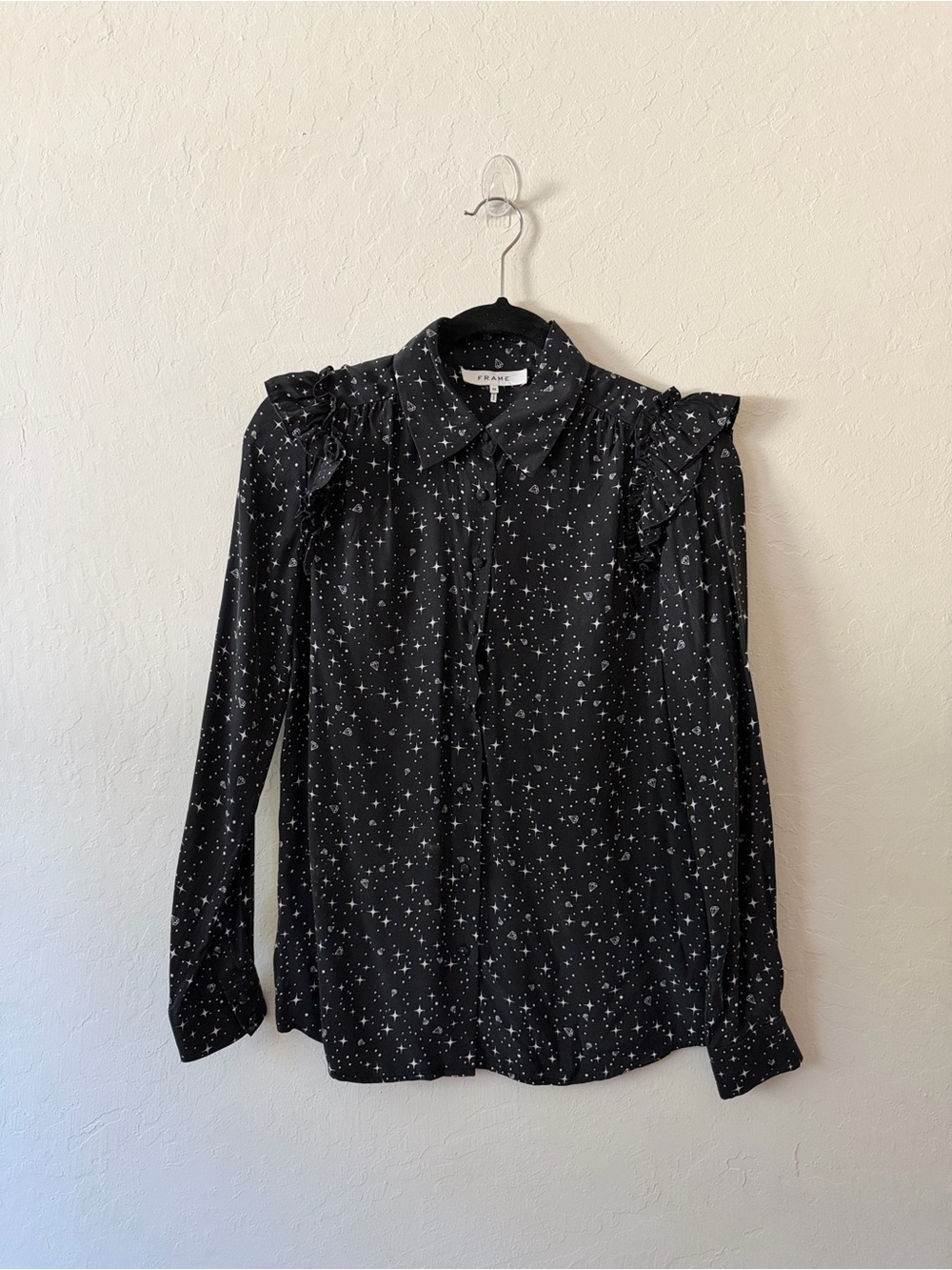 Frame Denim Black Star Diamond Print Ruffle Shoulder Silk Blouse
